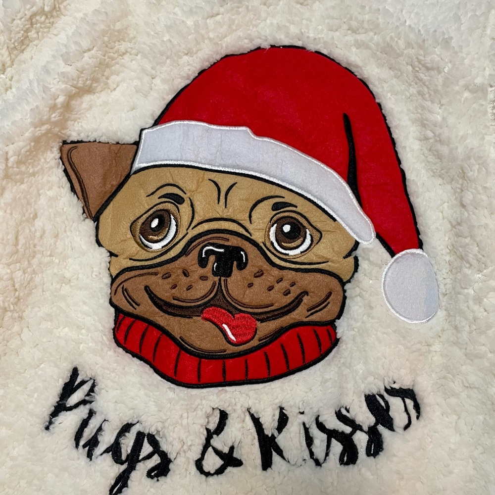 Pug & Kisses Fleece Christmas Sweater with Pug Wearing aSanta Hat - New With Tag